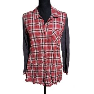 Mystree Red Plaid Layer Look Casual Long Line Shirt Top Women's M Medium
